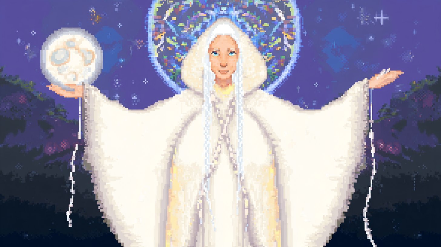 Pixel-art robed figure holding a glowing orb, evoking a spiritual gathering