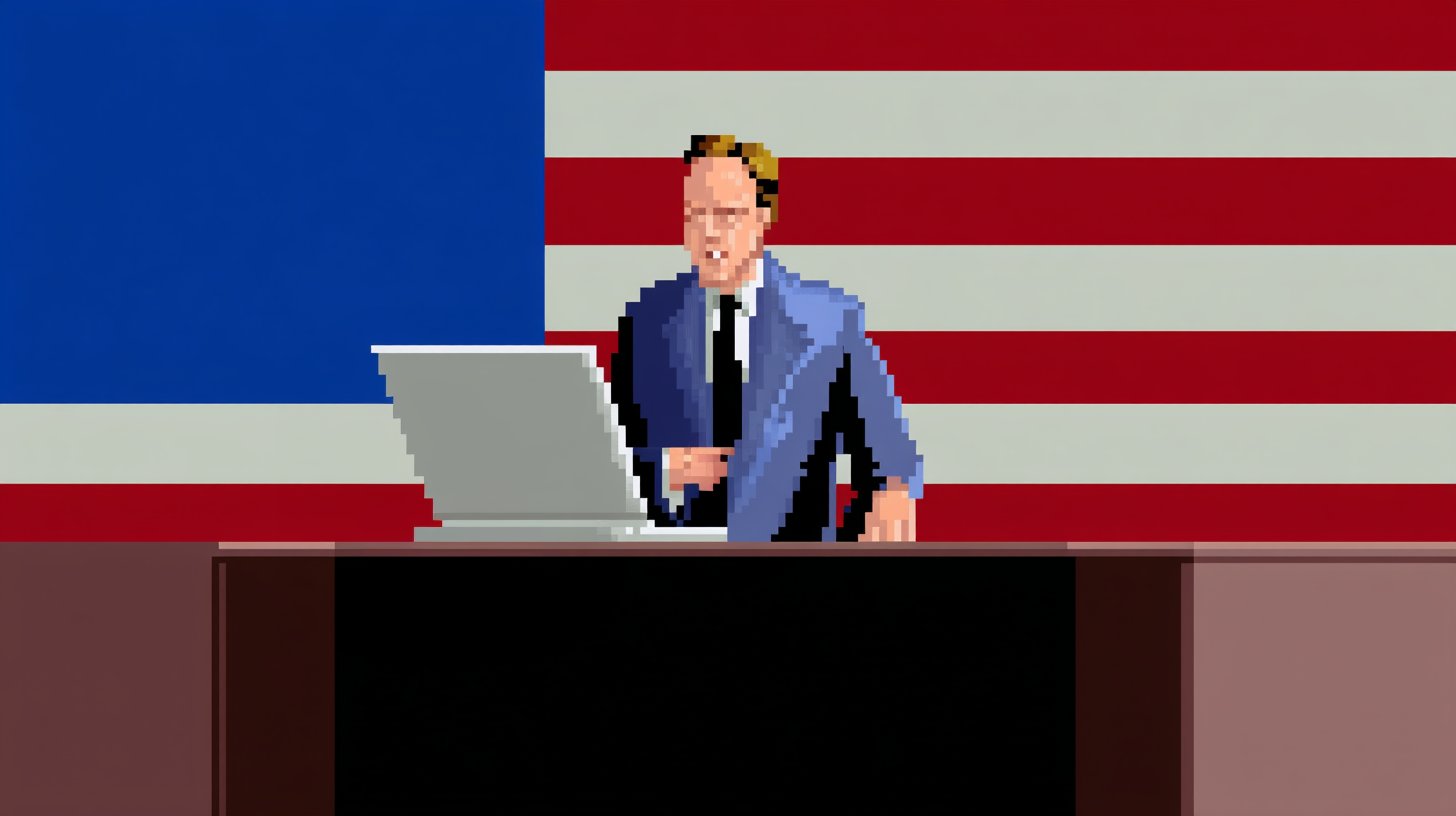 Pixel-art official at a laptop in front of a flag, evoking federal training