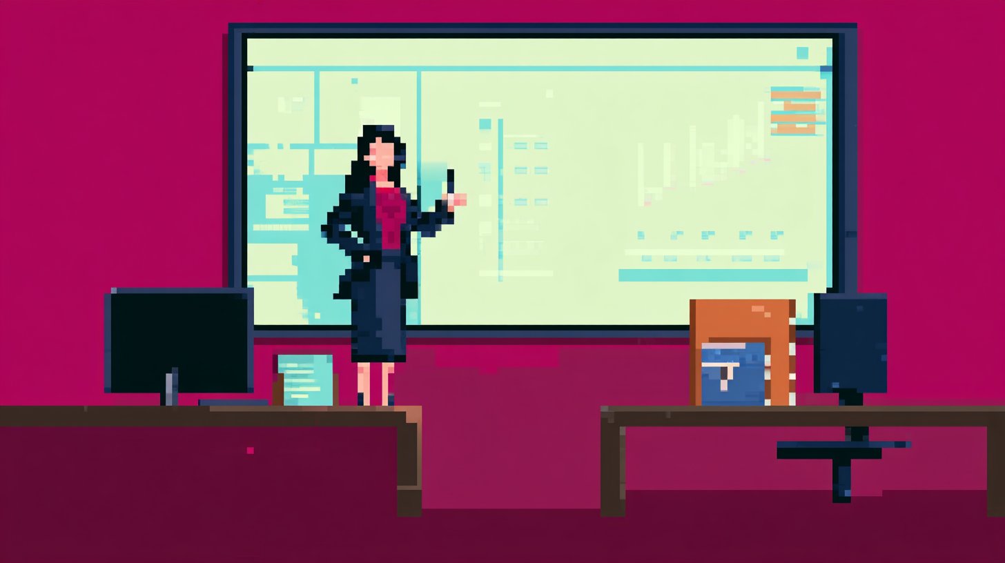Pixel-art classroom full of learners at computer workstations