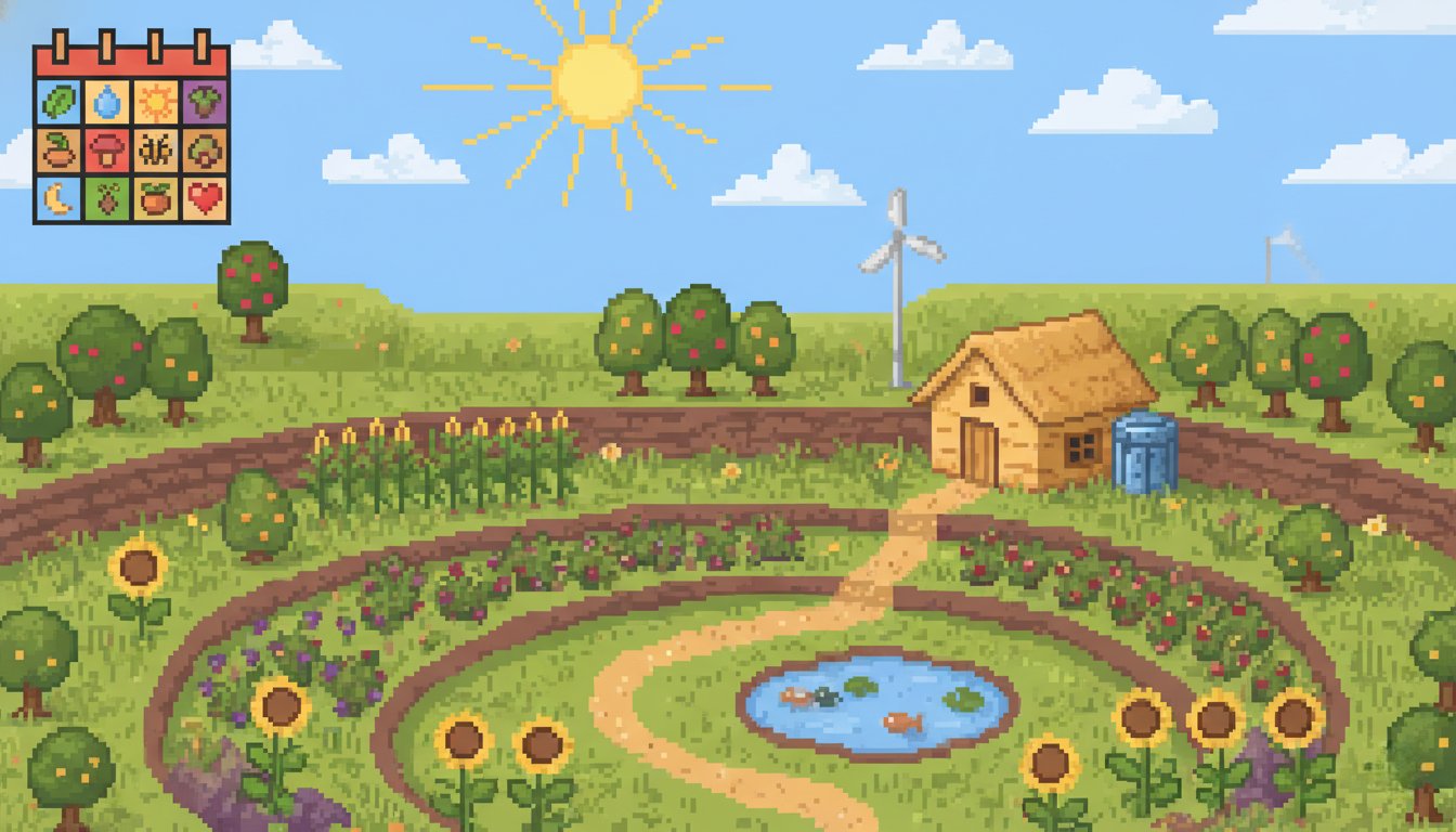 Pixel-art illustration of a permaculture farm with garden beds, fruit trees, a windmill and a small cabin