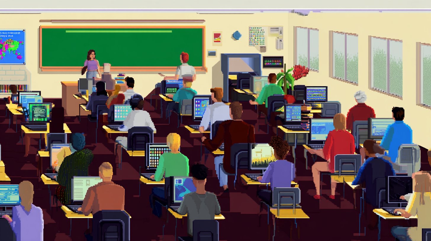 Pixel-art executive presenting at a podium in front of a large flag