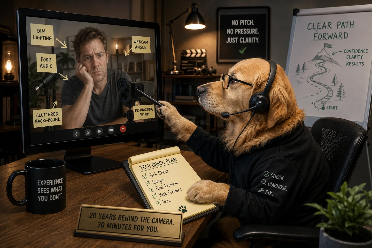 A friendly dog reminding you to book your Free Tech Check.
